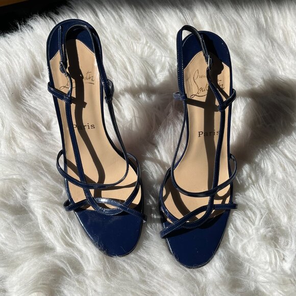 Christian Louboutin Navy Blue Patent Leather Strappy Heels Red Bottoms - Picture 6 of 10